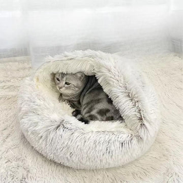 Hooded Cat Cave Bed Fluffy Plush Anti-Anxiety Pet Bed Medium Grey
