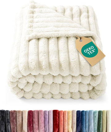 Super Soft Fleece Throw Blanket Jacquard Ribbed 50x60 Ivory