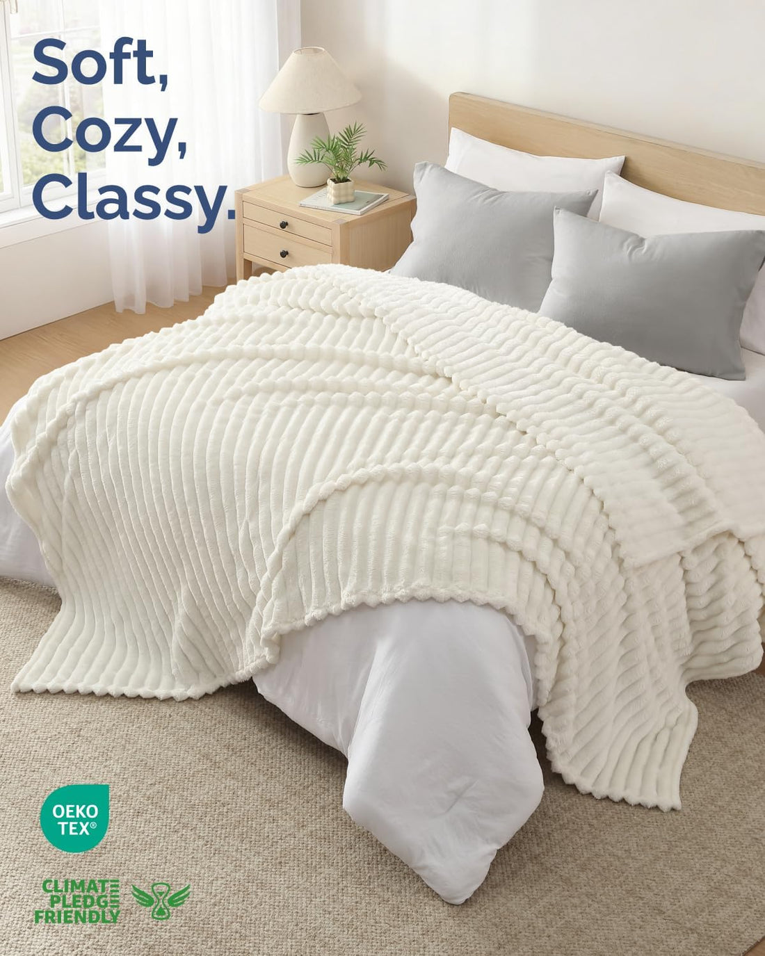 Super Soft Fleece Throw Blanket Jacquard Ribbed 50x60 Ivory