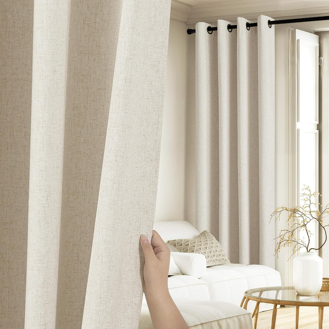 Linen Blackout Curtains Thermal Insulated 84 inch 2 Panels Natural