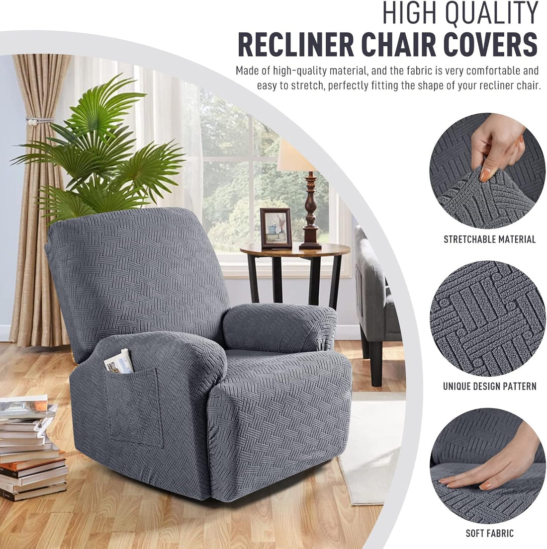 Stretch Recliner Chair Cover Jacquard 1 Seater Dark Gray