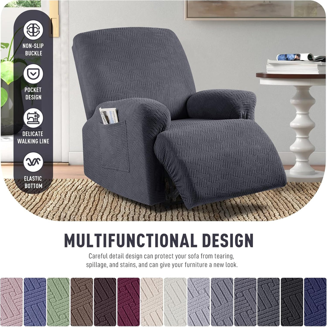 Stretch Recliner Chair Cover Jacquard 1 Seater Deep Gray