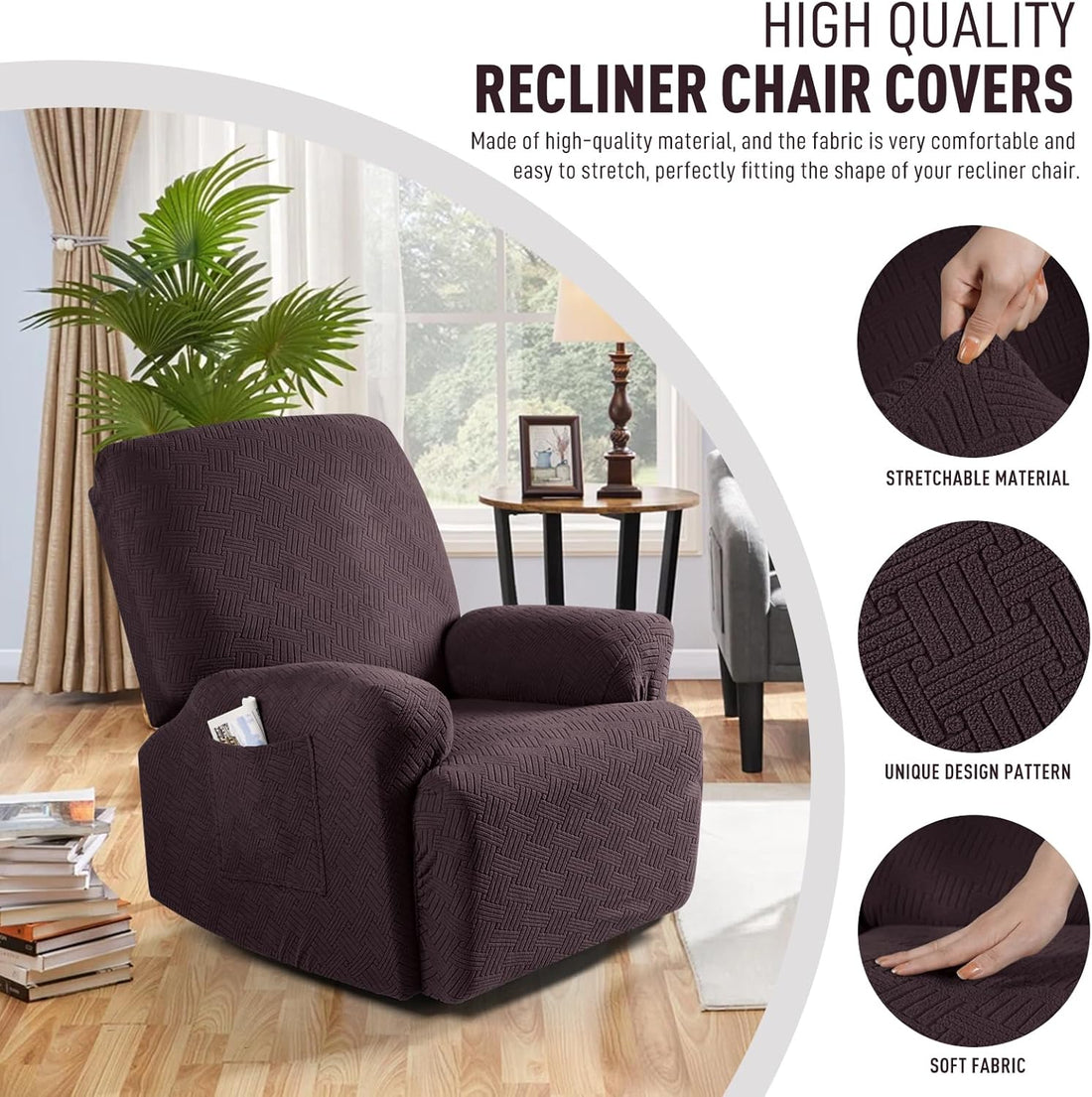 Stretch Recliner Chair Cover Jacquard 1 Seater Dark Coffee