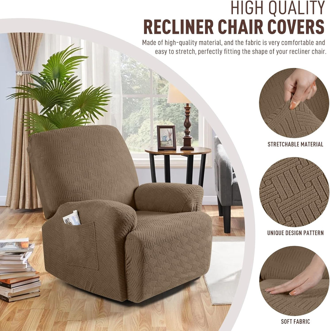 Stretch Recliner Chair Cover Jacquard 1 Seater Light Coffee