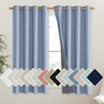 Stone Blue Linen Blackout Curtains Thermal Insulated 63in Pair