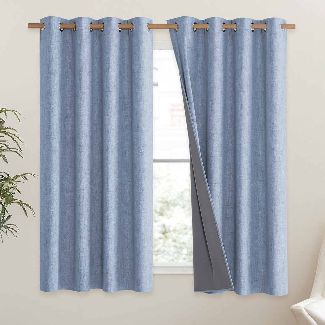 Stone Blue Linen Blackout Curtains Thermal Insulated 63in Pair