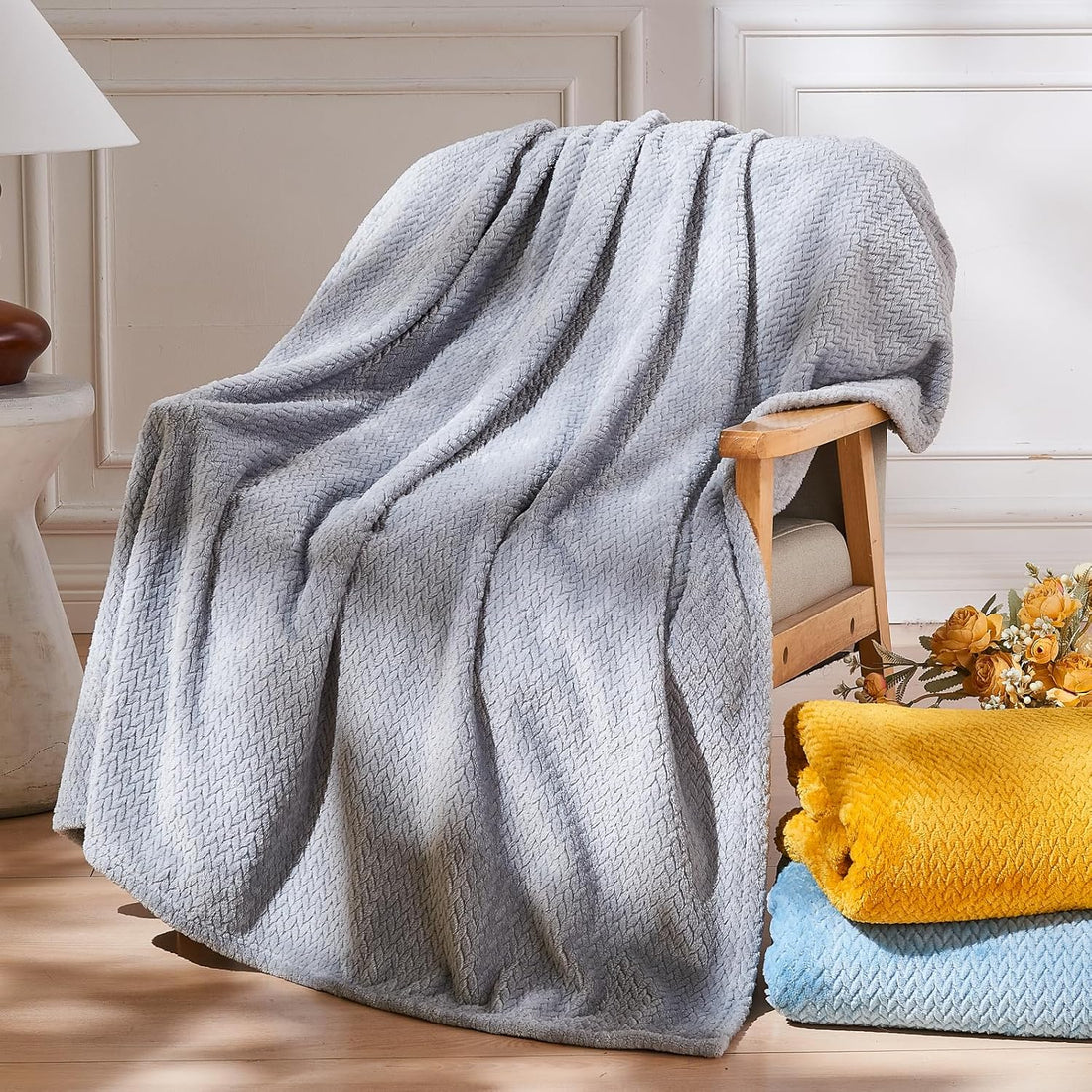 Super Soft Flannel Fleece Throw Blanket Leaves Pattern 50x60 Grey