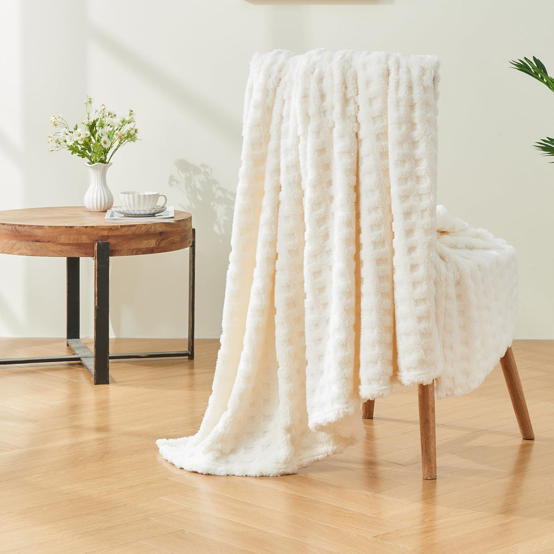 Waffle Weave Fleece Throw Blanket Cream 50x70 All Season