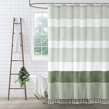Sage Green Shower Curtain Cotton Boho Tassel 72x72 inch