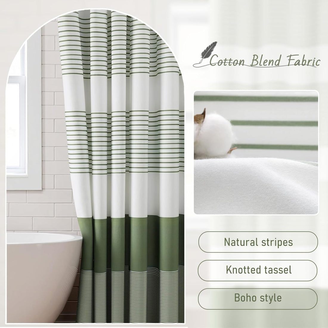 Sage Green Shower Curtain Cotton Boho Tassel 72x72 inch