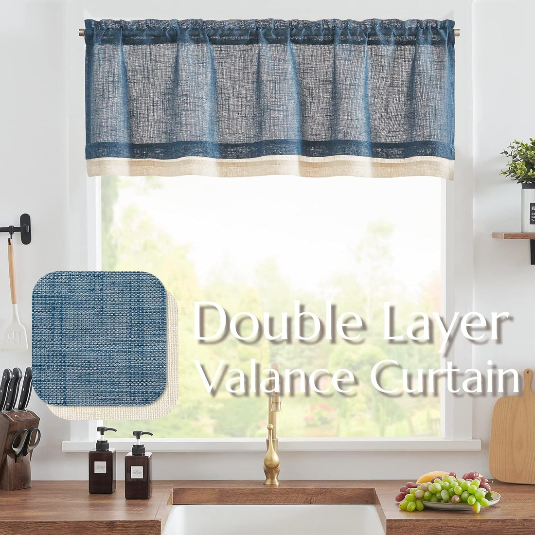 Navy Blue Linen Window Valance Double Layer 16 inch Light Filtering
