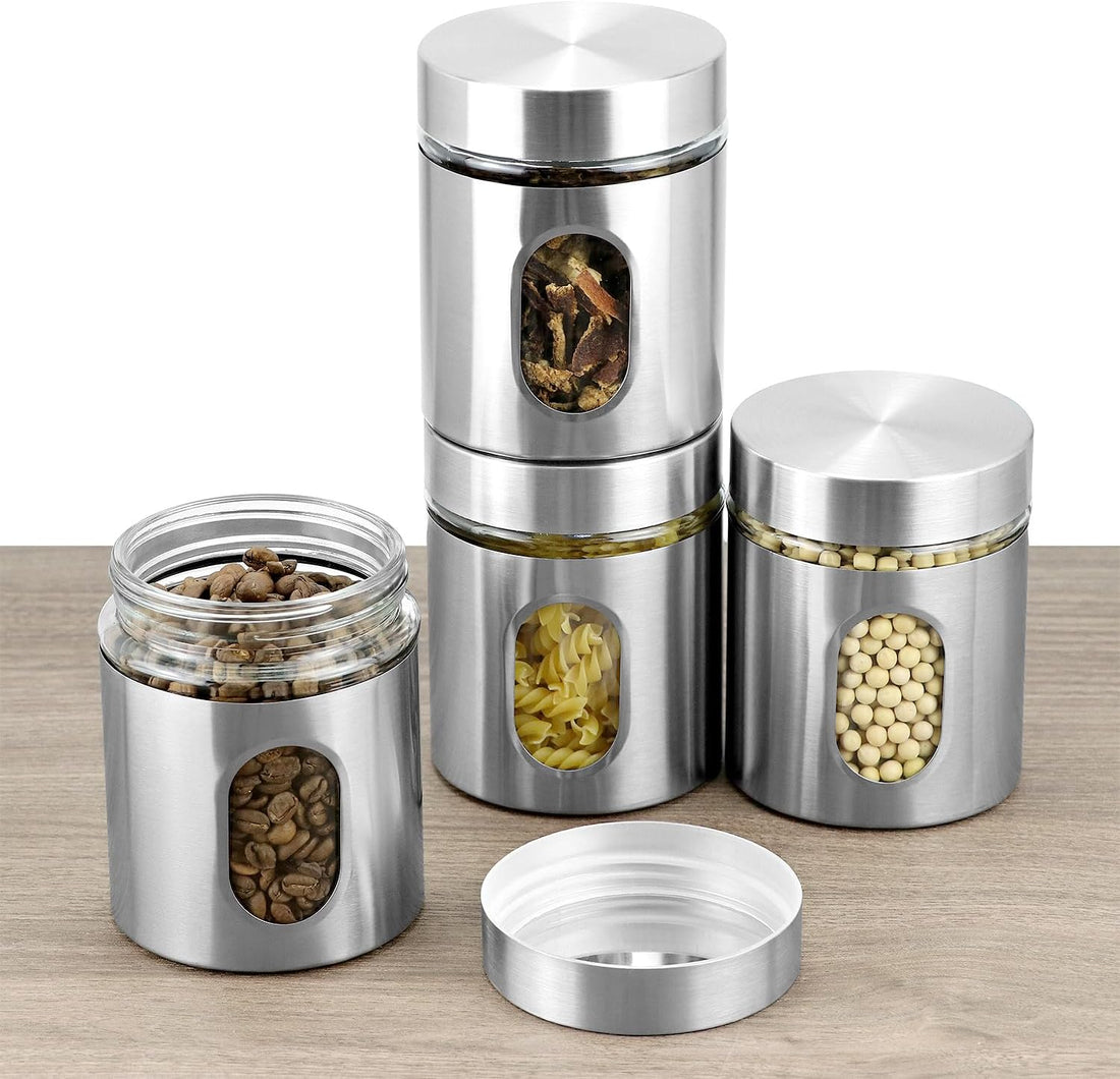 6-Pack Stainless Steel Glass Kitchen Canisters Airtight 20oz