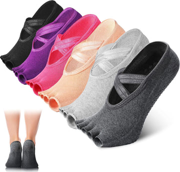 6-Pair Non-Slip Pilates Yoga Socks with Grip for Women Toeless