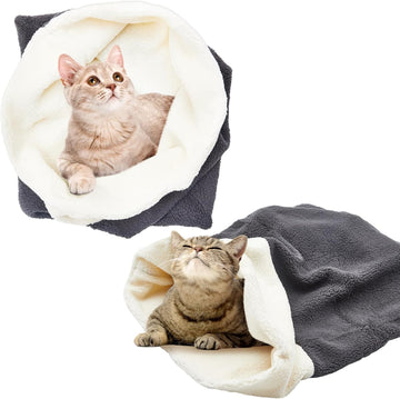 2 Pcs Cat Cave Bed Sleeping Bag Coral Fleece Warm Pad Grey White