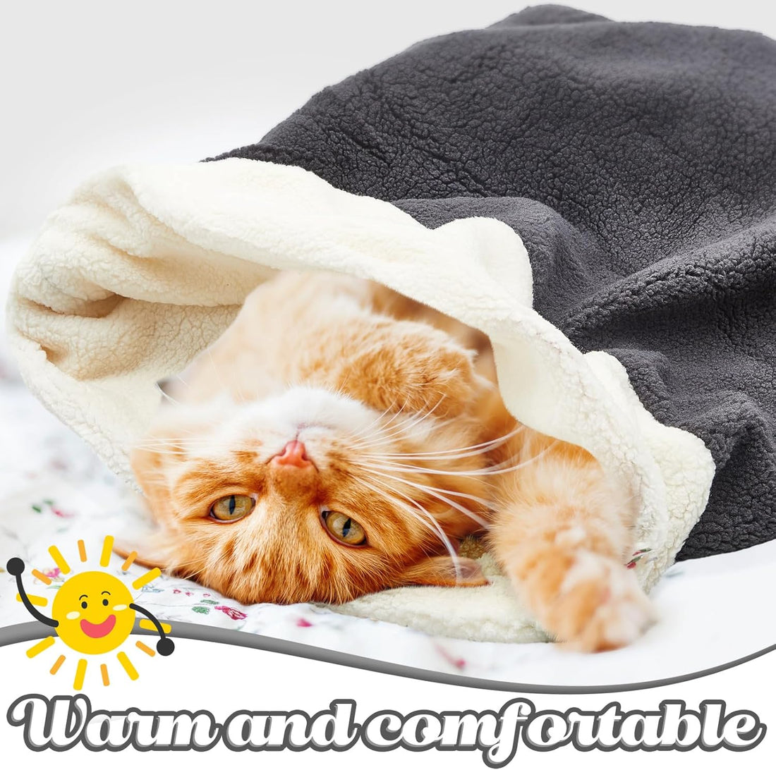 2 Pcs Cat Cave Bed Sleeping Bag Coral Fleece Warm Pad Grey White