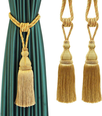 Vortaz Large Tassel Curtain Tiebacks Polyester Wood Gold 2 Pack 95cm