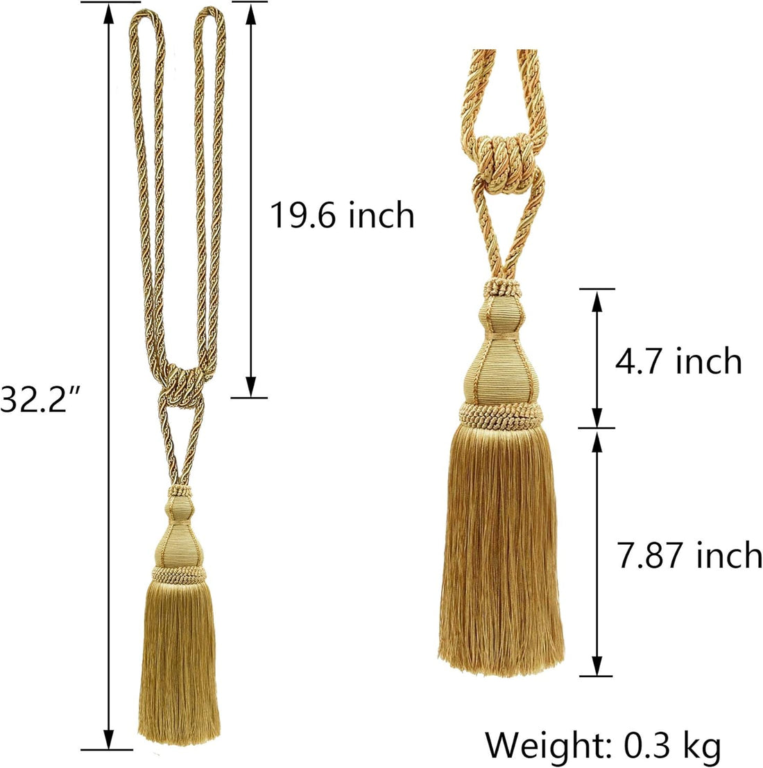 Vortaz Large Tassel Curtain Tiebacks Polyester Wood Gold 2 Pack 95cm