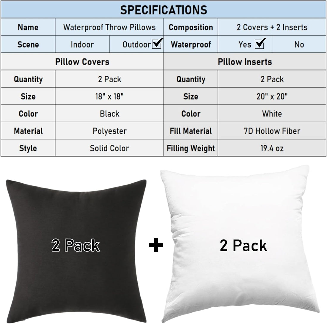 Outdoor Waterproof Throw Pillow Set 2-Pack Black