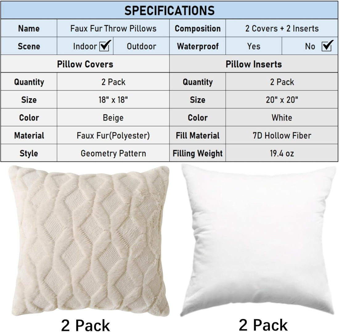 Soft Faux Fur Boho Throw Pillow Set 2-Pack Beige