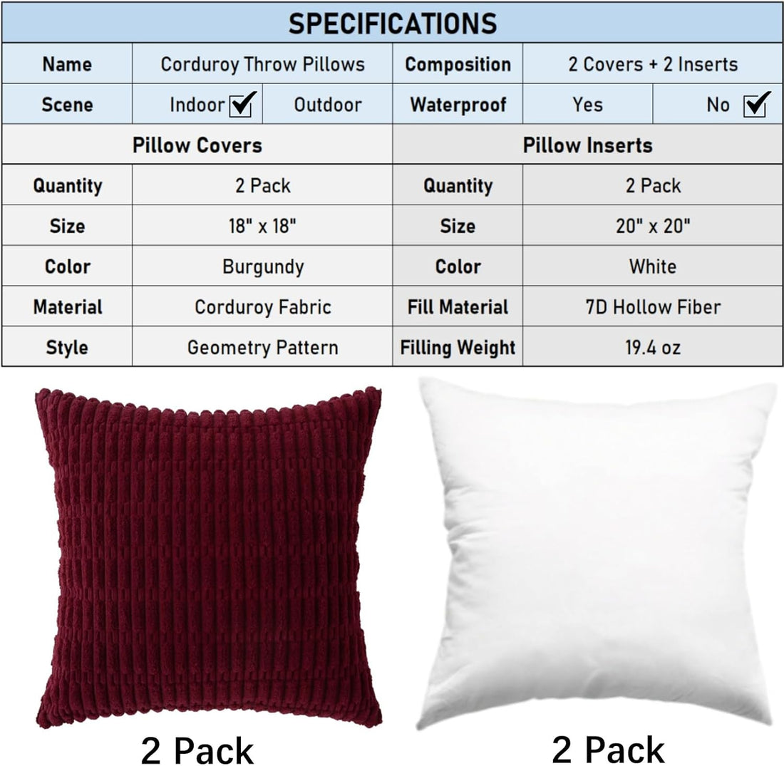 Corduroy Boho Throw Pillow Set Burgundy 46cm