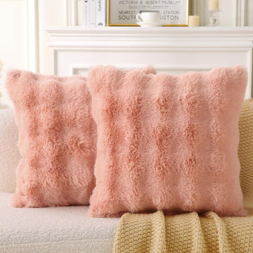 Faux Fur Plush Boho Throw Pillow Set Pink