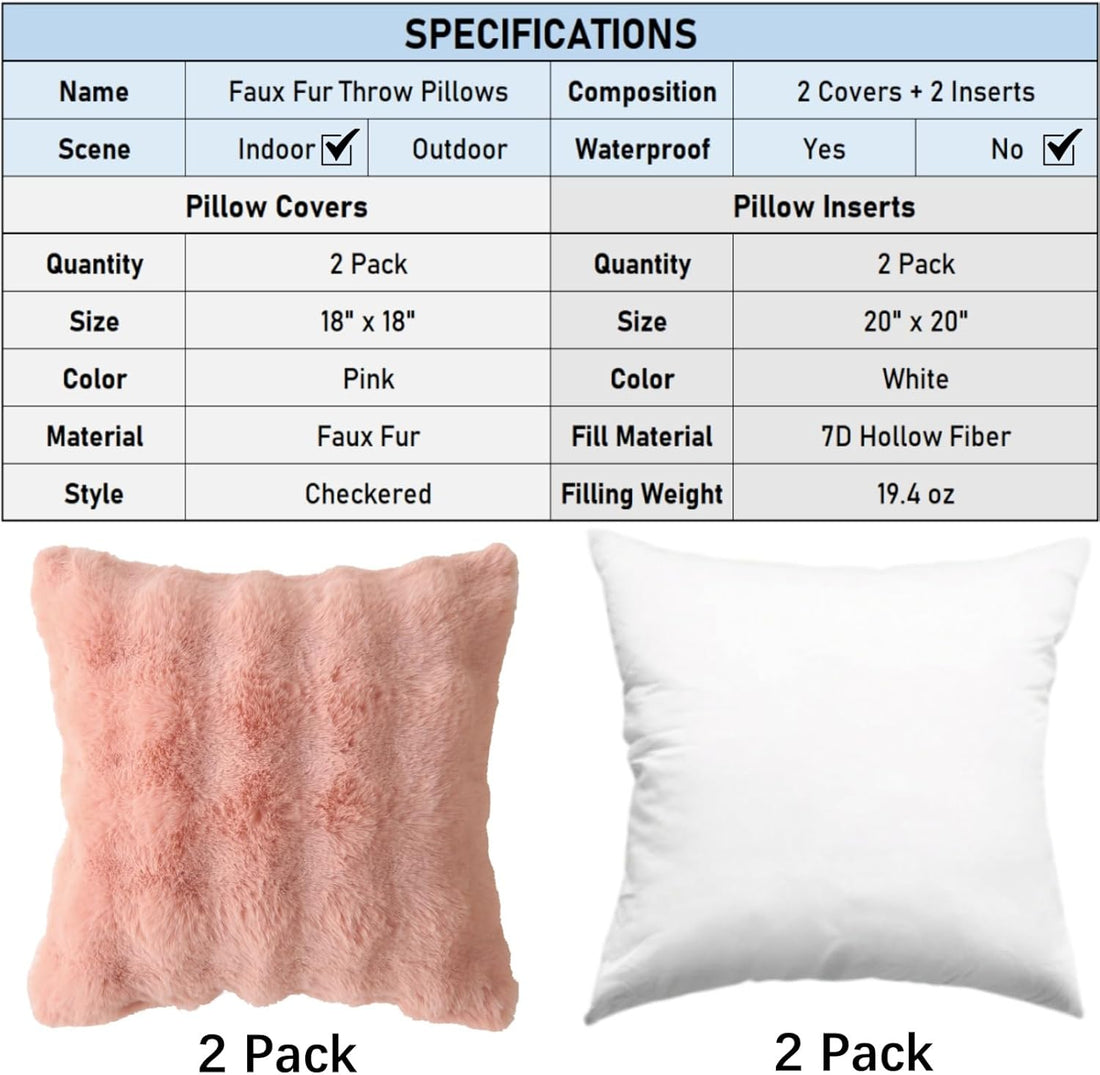 Faux Fur Plush Boho Throw Pillow Set Pink