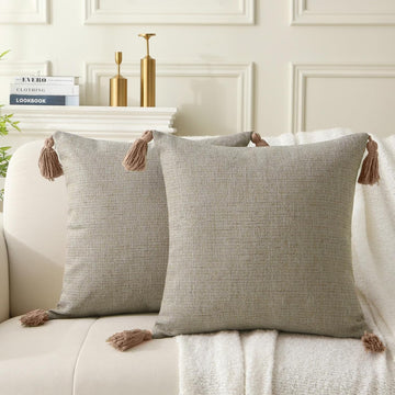 Farmhouse Boho Throw Pillow Tassels Khaki 46cm