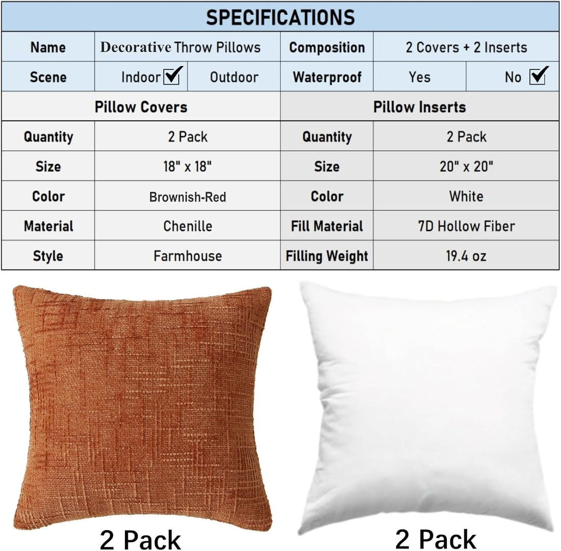 Modern Farmhouse Chenille Throw Pillow Set Brick Red