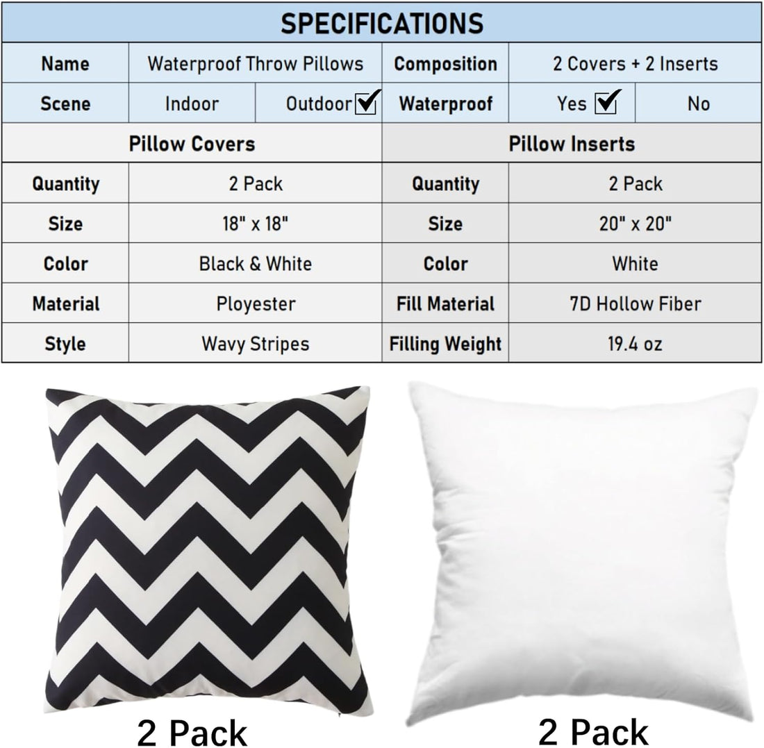 Outdoor Waterproof Striped Throw Pillow Set Black White