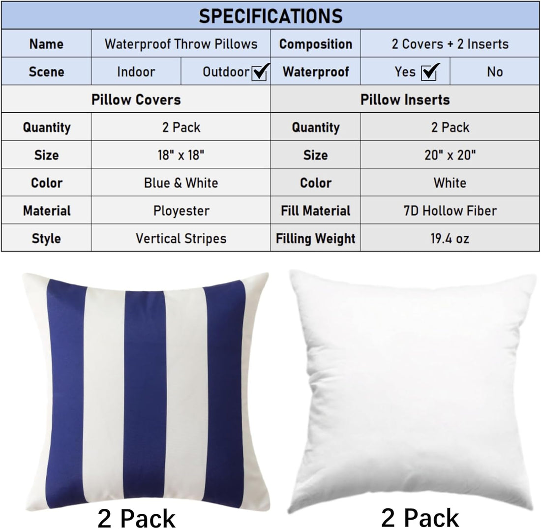 Outdoor Waterproof Striped Throw Pillow Set Blue White