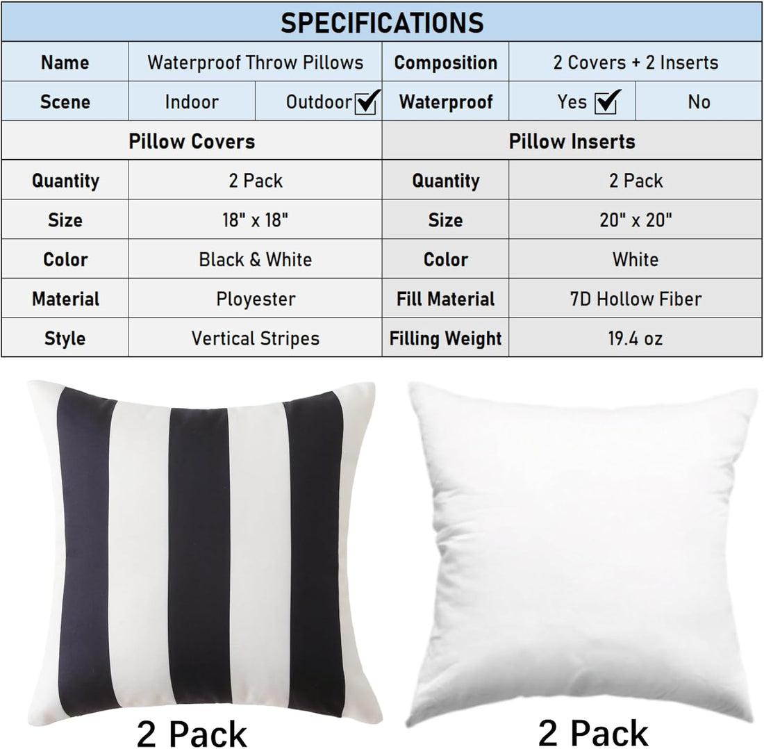 Outdoor Waterproof Striped Throw Pillow Set Black Vertical