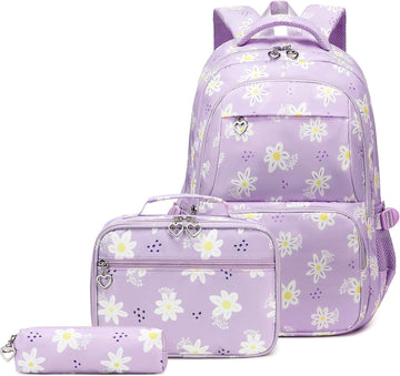 Daisy Print Girls Backpack with Lunch Bag and Pencil Pouch Set