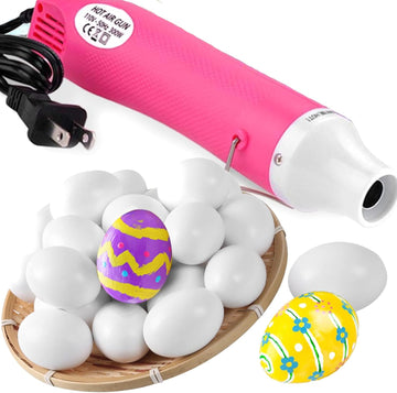 Pink Heat Gun and 24 Realistic White Wooden Eggs for Painting