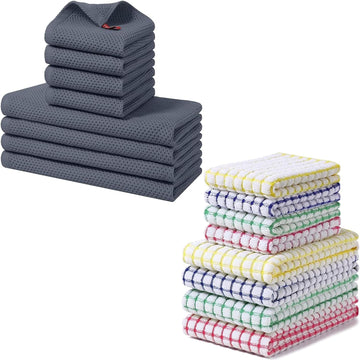 Homaxy Cotton Kitchen Towels and Dishcloths Set 8-Pack Plaid Weave 12x12 Inch