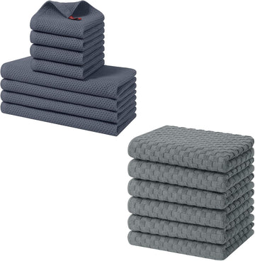 Homaxy Cotton Kitchen Towels and Dishcloths Set 8-Piece Bulk Plus 6-Pack Terry