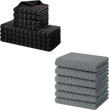Homaxy Cotton Terry Kitchen Towels Set 8 Bulk Plus 6-Pack Dark Grey 15x25 Inch