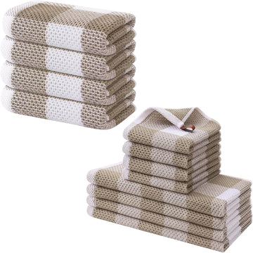 Homaxy Cotton Waffle Weave Kitchen Towels and Dishcloths Set White and Black Khaki