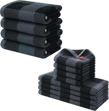 Homaxy Cotton Waffle Weave Kitchen Towels and Dishcloths Set Black and Grey