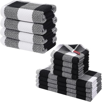 Homaxy Cotton Waffle Weave Kitchen Towels and Dishcloths Set White and Black