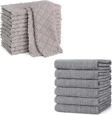 Homaxy Microfiber Dish Cloths and Cotton Kitchen Towels 12 Pack Grey Flat Terry