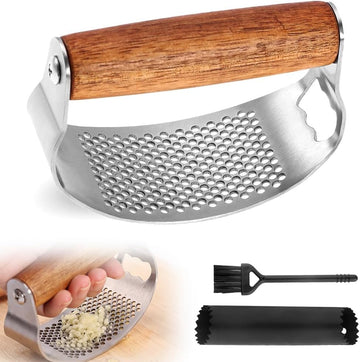 Stainless Steel Garlic Rocker Press with Peeler and Cleaning Brush Ergonomic