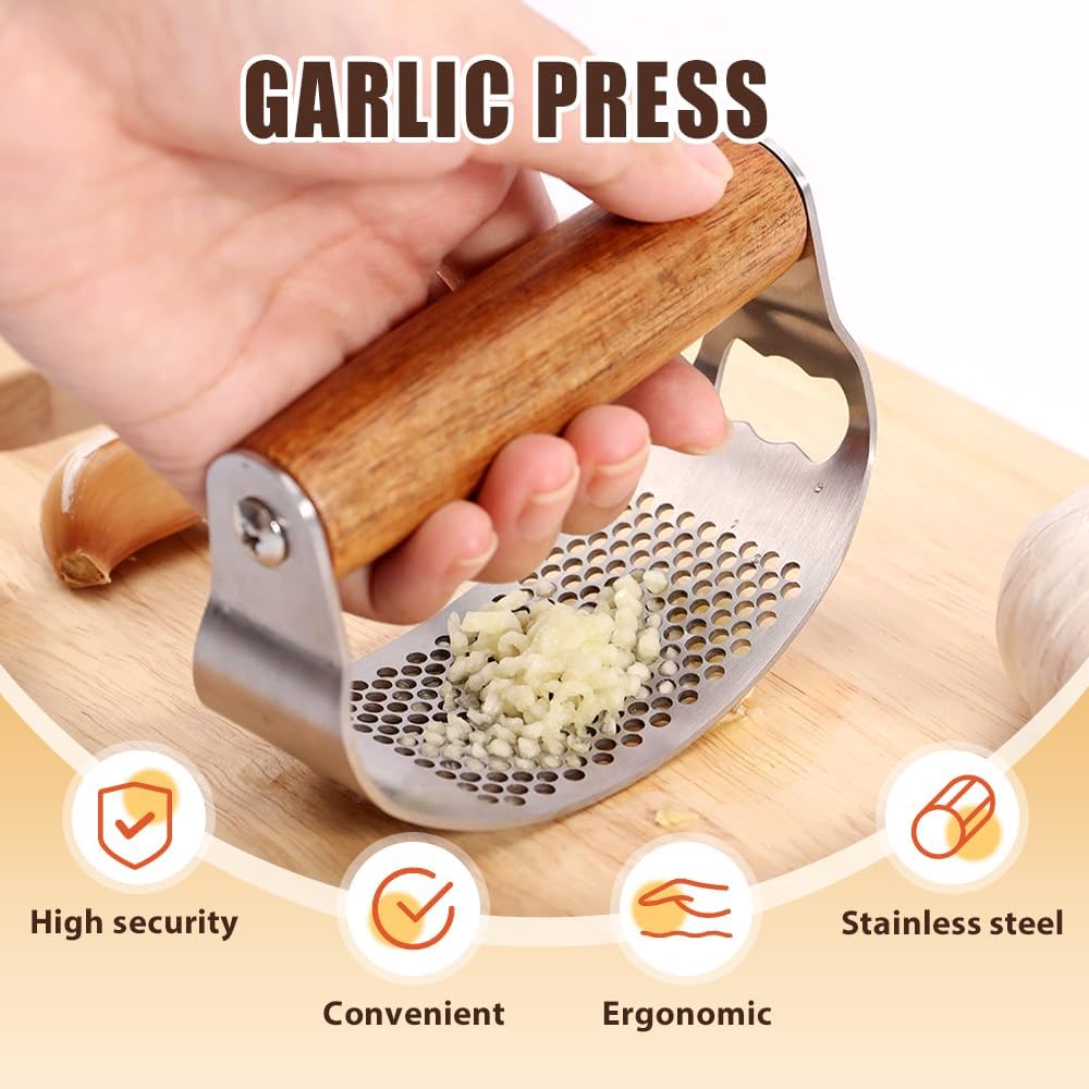 Stainless Steel Garlic Rocker Press with Peeler and Cleaning Brush Ergonomic