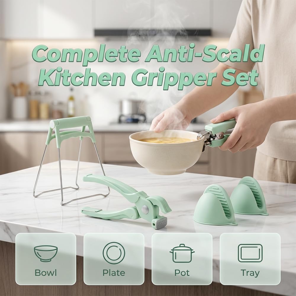 Homaxy 4-Piece Hot Plate Gripper Set Silicone Heat Resistant Gloves Green