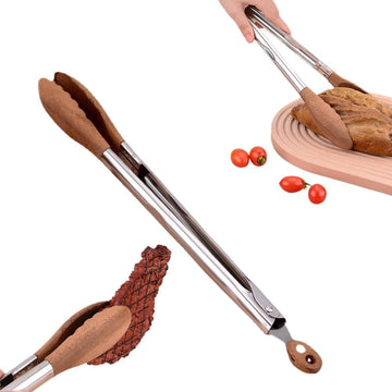 Walnut Wood Kitchen Tongs with Stainless Steel Tips 30cm Anti-Slip BBQ