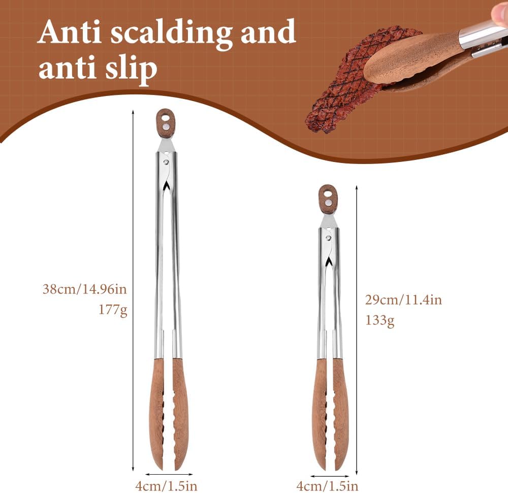 Walnut Wood Kitchen Tongs with Stainless Steel Tips 30cm Anti-Slip BBQ