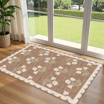 3x5 Floral Entry Rug Tan Washable Indoor Outdoor Non-Slip Porch Mat