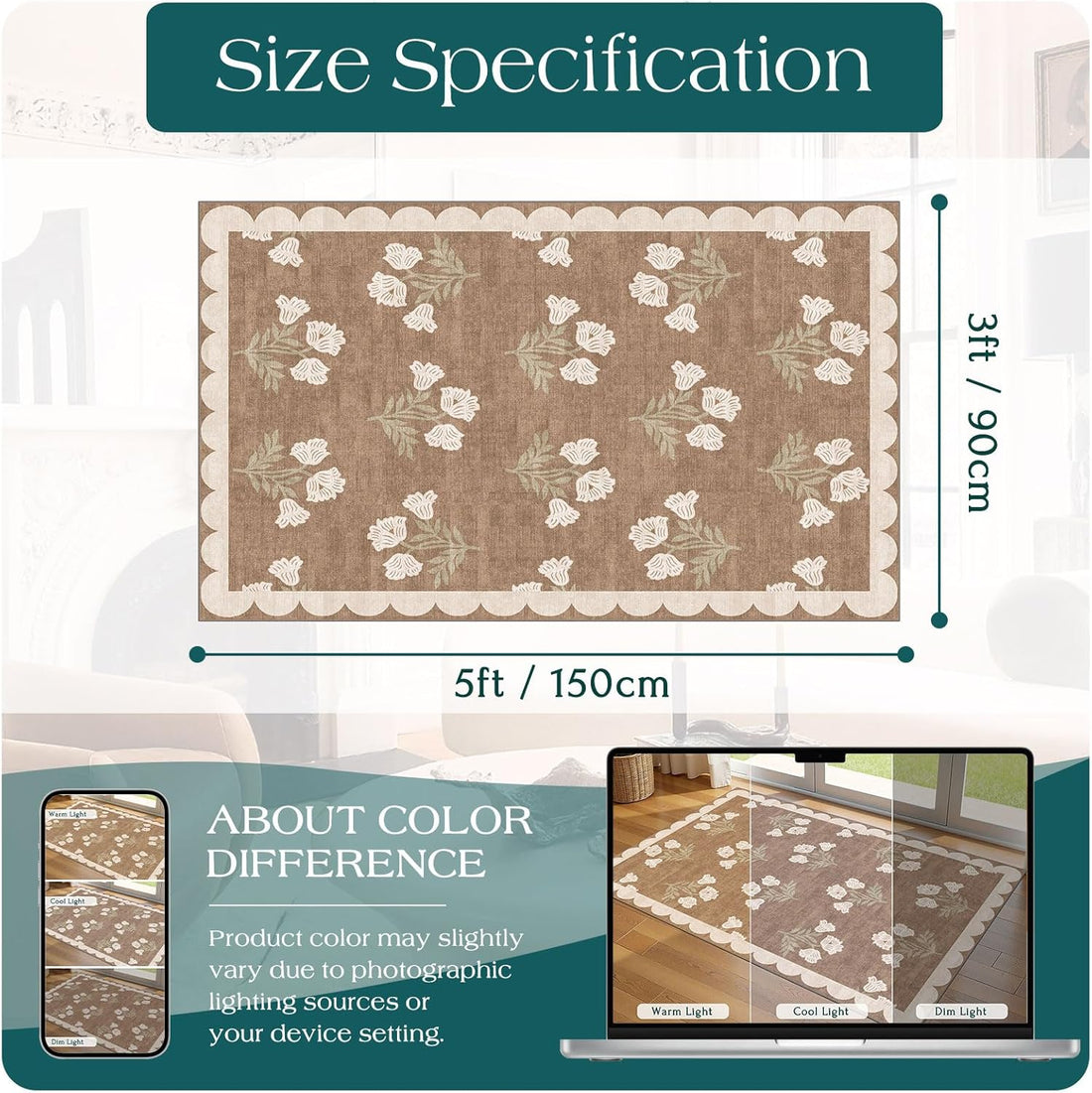 3x5 Floral Entry Rug Tan Washable Indoor Outdoor Non-Slip Porch Mat