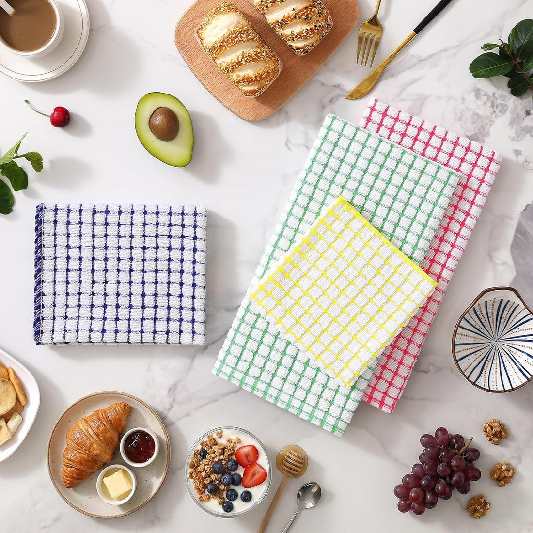 8-Pack Cotton Terry Kitchen Towels Set Absorbent Dishcloths Multi-Colour
