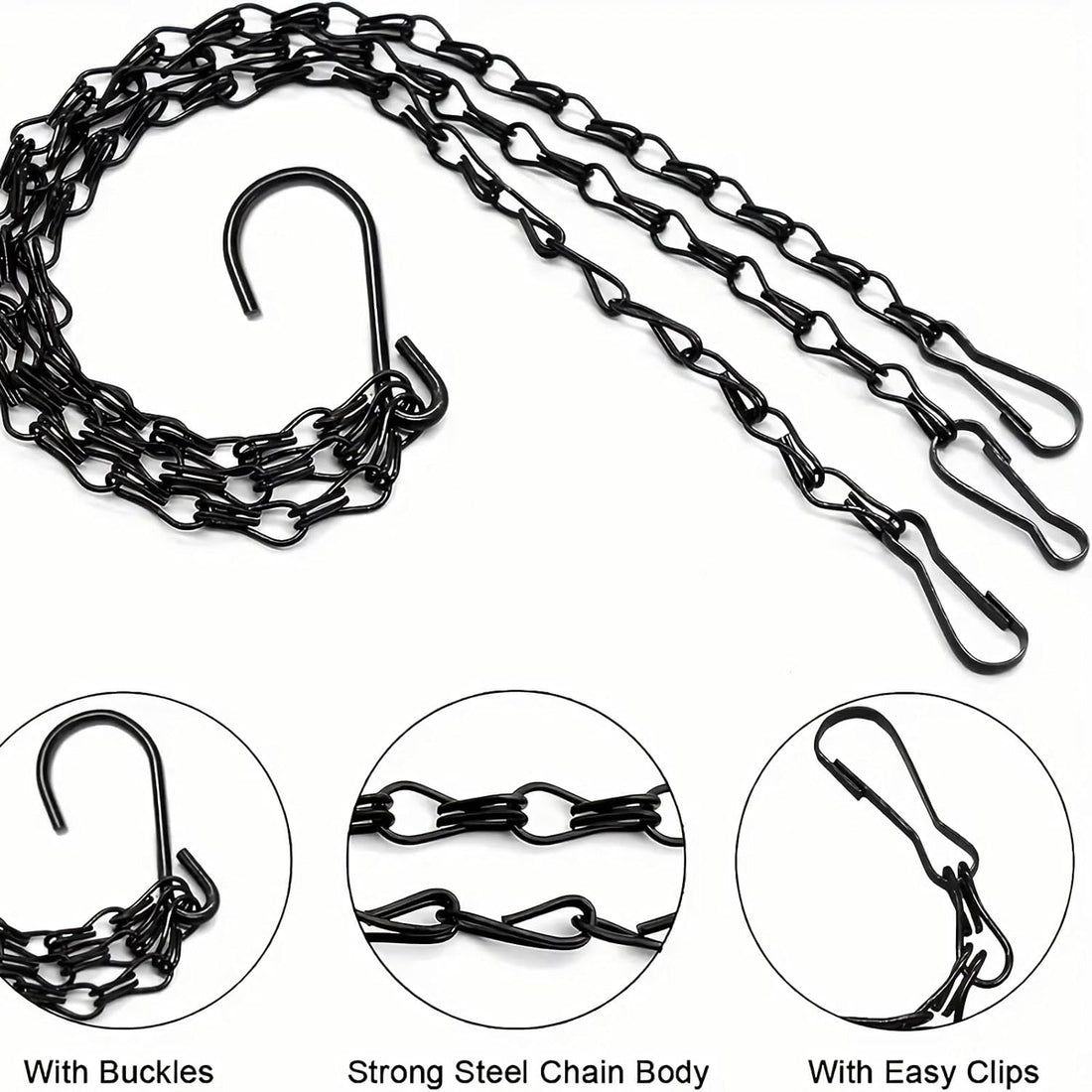 Vortaz Black Iron Hanging Chain Set 3 Sets with S Hooks and Clips