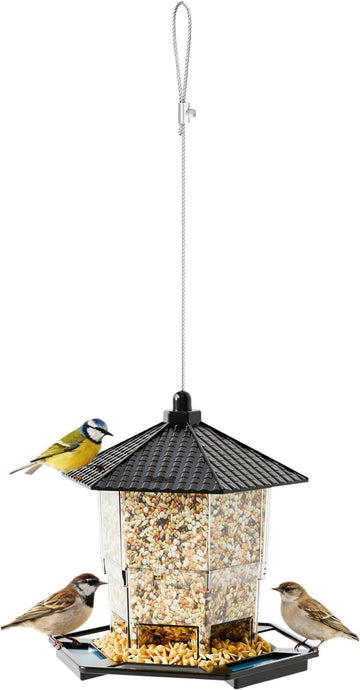 Vortaz Squirrel-Proof Hanging Bird Feeder with Landing Tray Black